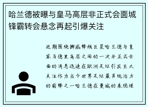 哈兰德被曝与皇马高层非正式会面城锋霸转会悬念再起引爆关注 哈兰德被曝与皇马高层非正式会面城锋霸转会悬念再起引爆关注